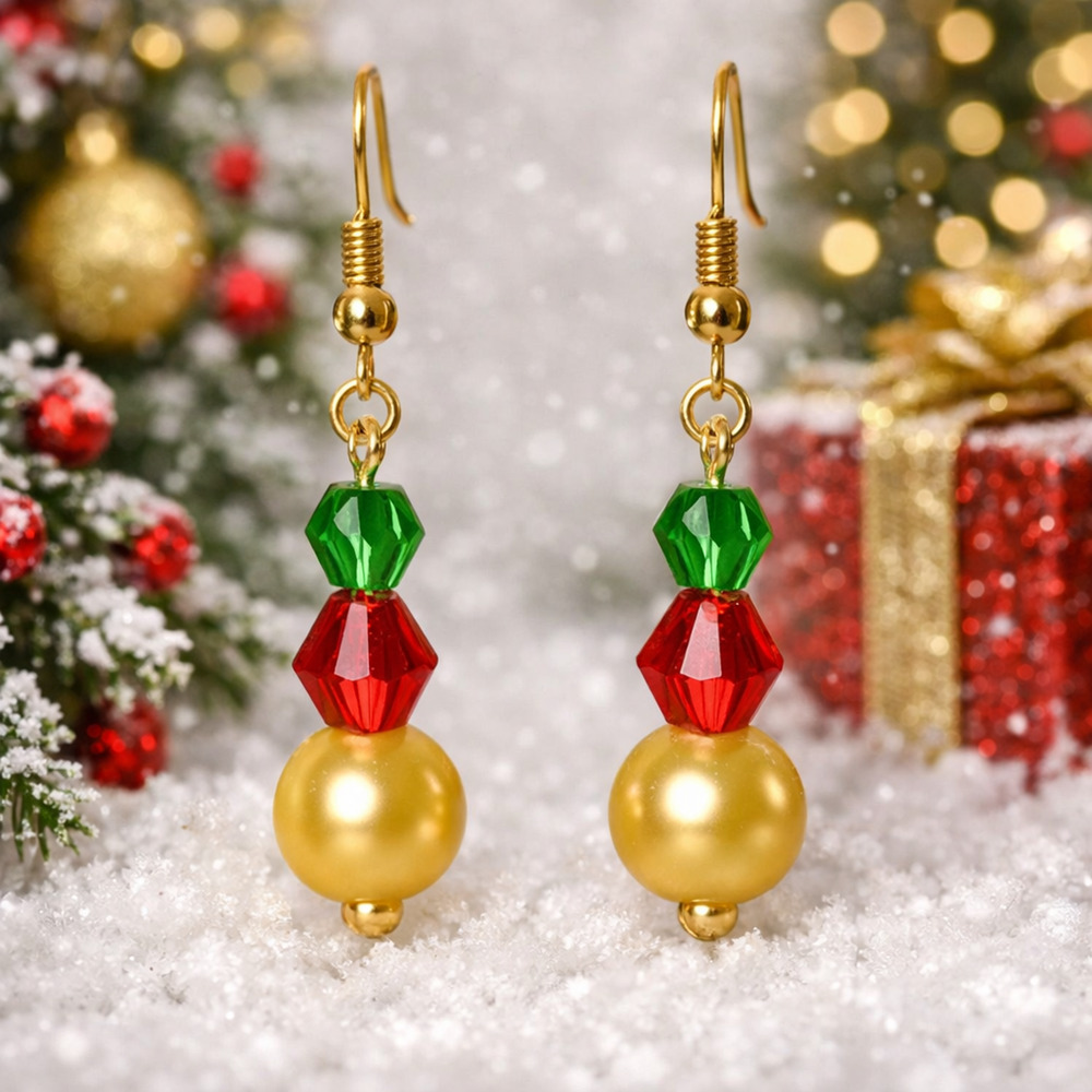 Handmade Christmas Ornament Gold Pearl Red Green Beaded Earrings #C96
